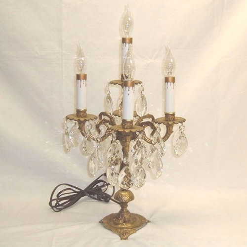 Cast brass and crystal five-armed candelabra