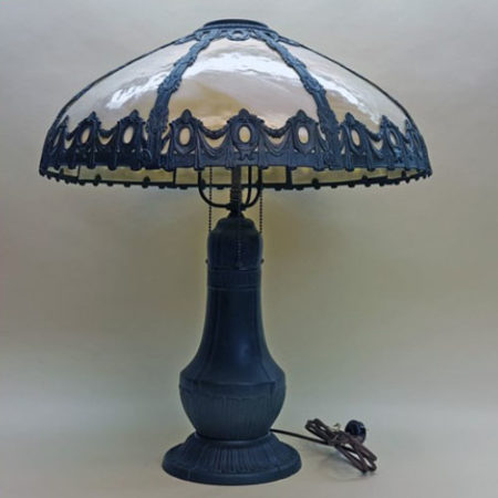 Slag glass table lamp signed Rainaud, originally gas