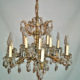 Cast brass six-arm, twelve-light chandelier