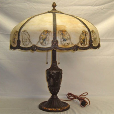Slag glass table lamp signed Bradley & Hubbard