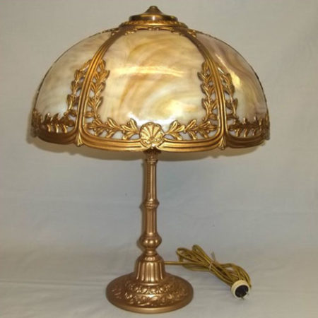 Slag glass table lamp with gold finish