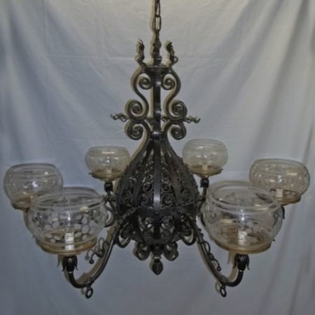 Wrought iron Victorian gas chandelier, originally gas