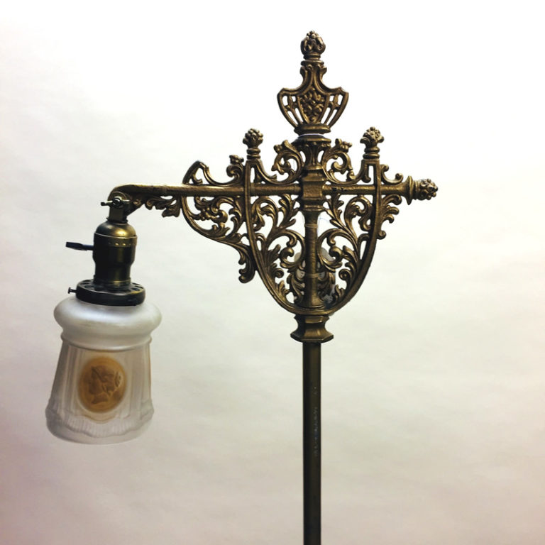 Cast iron bridge arm floor lamp with original gold wash Old Lamps