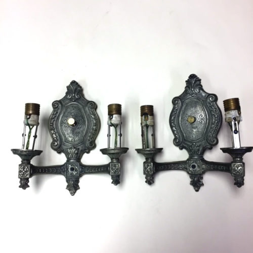 Pair of double-armed hammered nickel wall sconces