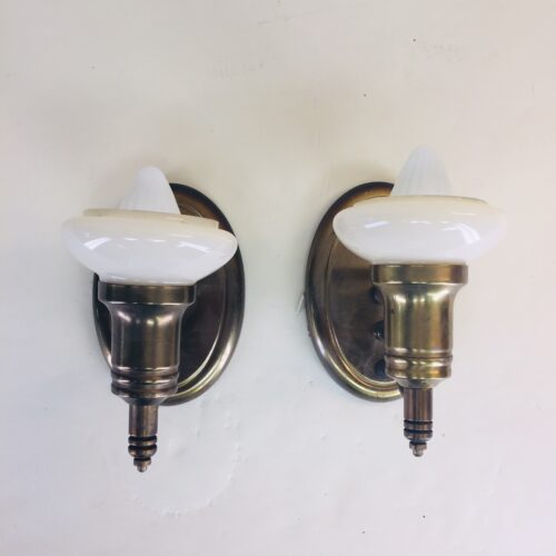 Pair of petite brass sconces with custard glass shades
