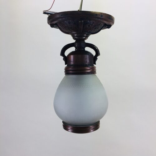 Hammered brass flush mount ceiling fixture with threaded glass shade