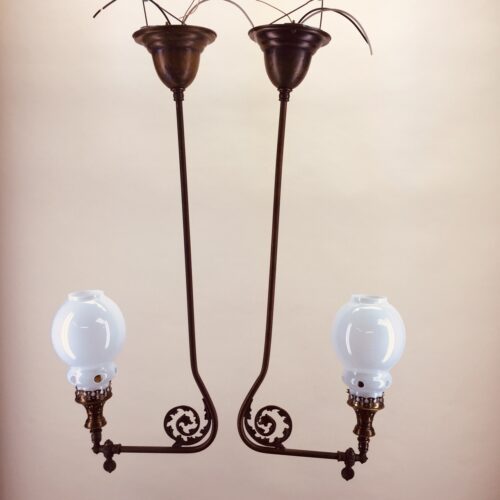 Pair of gas pendants with white opal glass shades