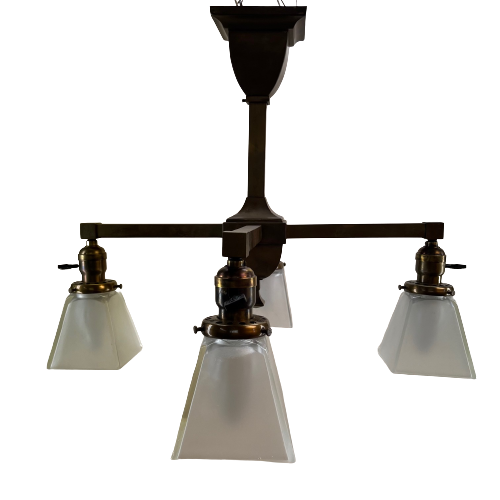 Vintage brass mission style four-light chandelier